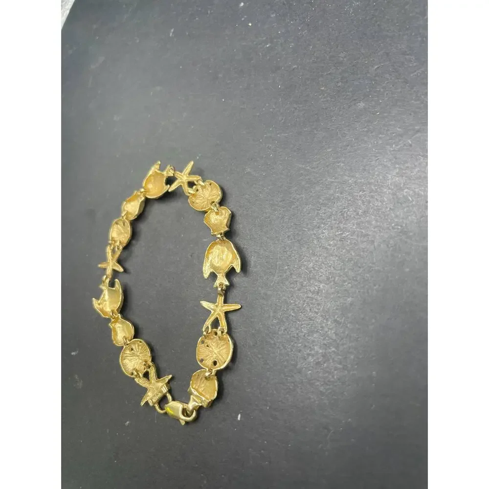 14K Yellow Gold Nautical Sea Life Link Bracelet Starfish Shell Fish 12.06 Grams